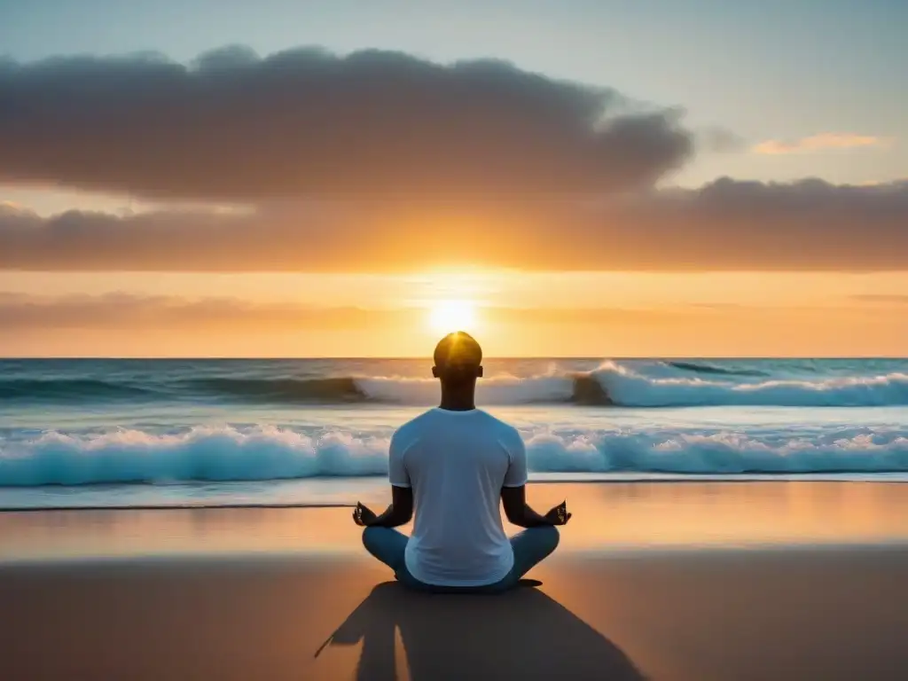 Practicando mindfulness en la playa al atardecer en Uruguay, fortaleciendo autoestima