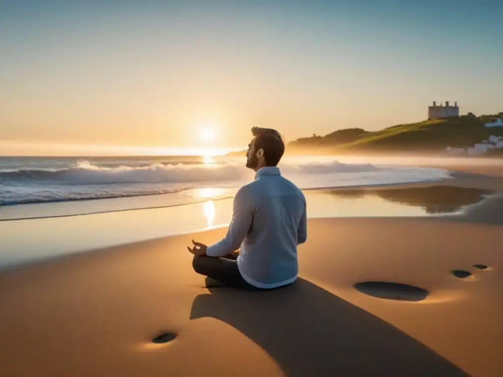 Practicando mindfulness en una playa serena de Uruguay al atardecer