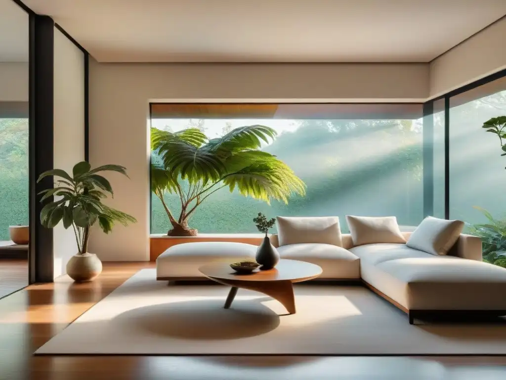 Minimalismo en Uruguay: Sala moderna con líneas limpias, colores neutros y toque de naturaleza en una planta sobre mesa de centro minimalista