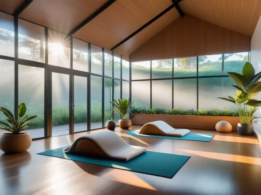 Un moderno centro de bienestar en Uruguay con luz natural, plantas, áreas de descanso y prácticas de yoga y meditación