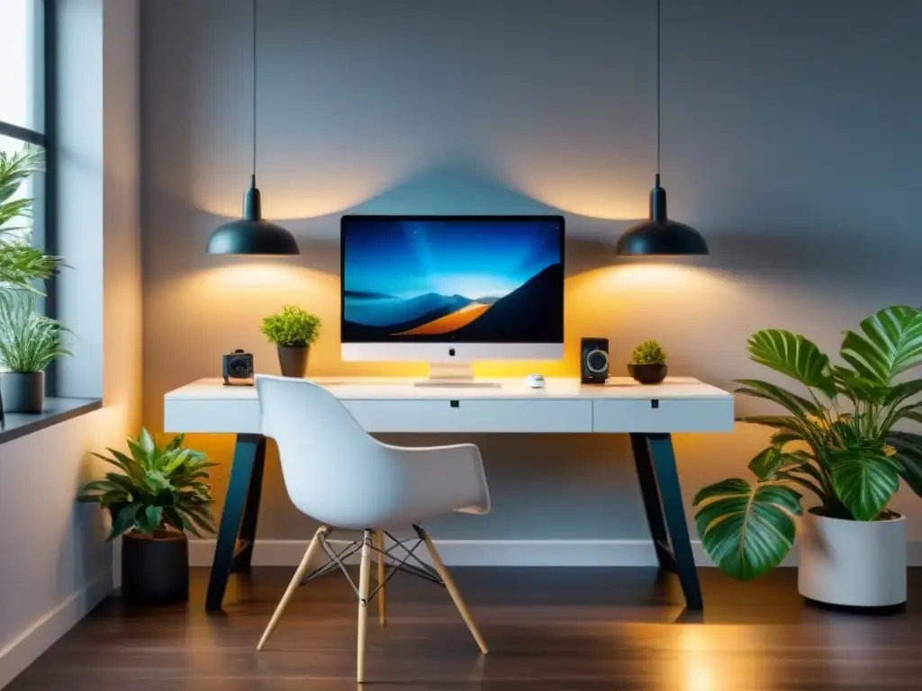 Un moderno espacio de trabajo digital saludable con escritorio blanco, silla ergonómica, plantas y luz natural