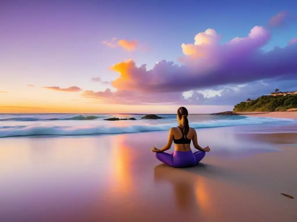 Un momento de autocuidado integral en Uruguay: practicando yoga al atardecer en una playa serena