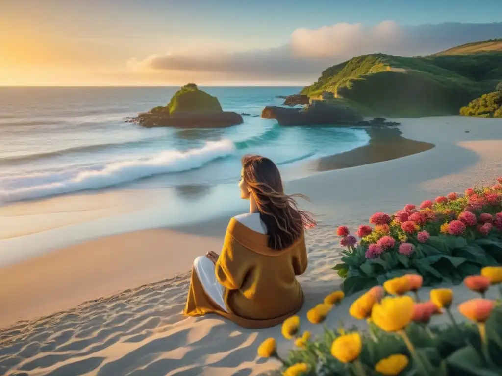 Un momento de bienestar integral en Uruguay: persona en una playa serena rodeada de naturaleza exuberante y flores coloridas al atardecer