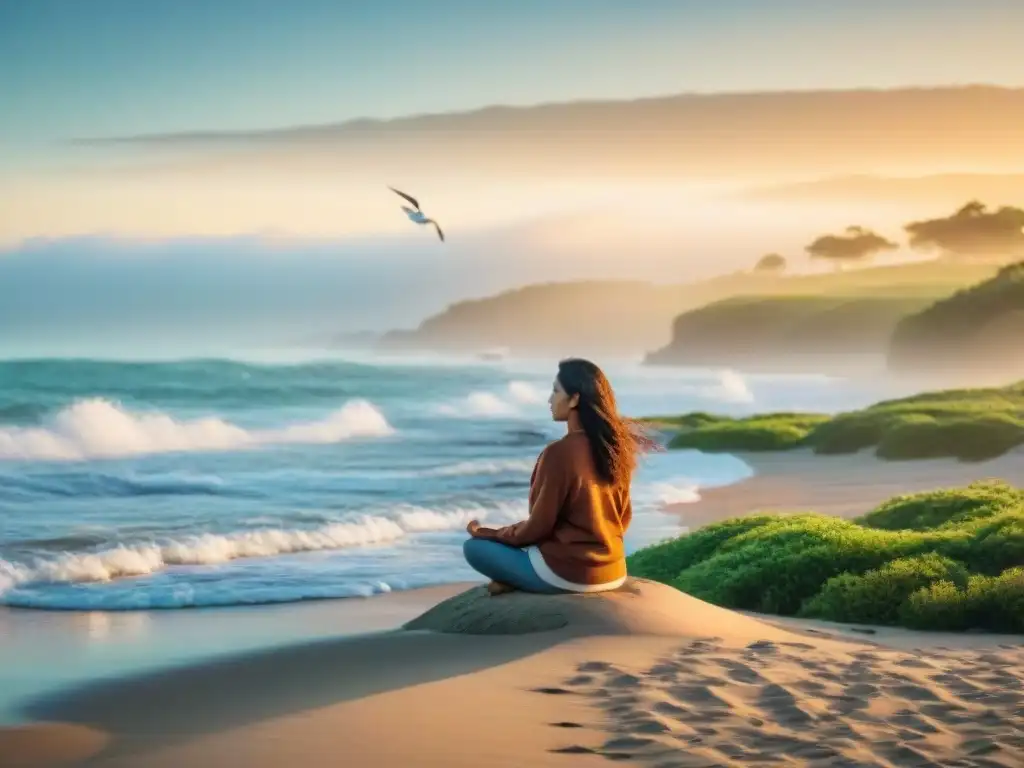 Un momento de mindfulness para el bienestar uruguayo: meditación en la costa al atardecer, rodeado de naturaleza serena