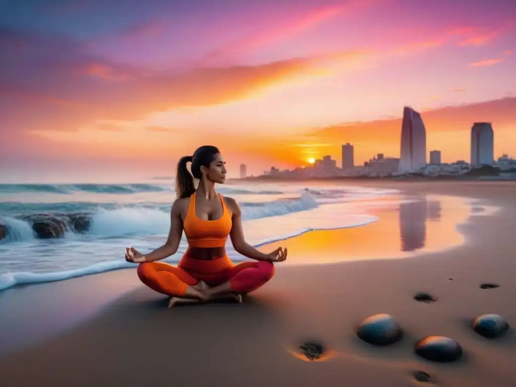 Un momento de equilibrio y bienestar en una playa de Uruguay al atardecer, reflejando armonía entre la naturaleza y la vida urbana