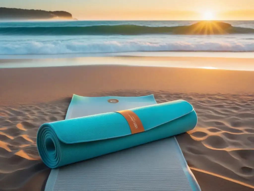 Un momento de equilibrio saludable y bienestar financiero en Uruguay, con una persona practicando yoga en una playa serena al atardecer