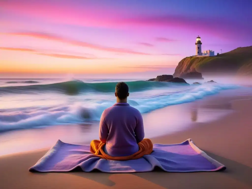 Un momento de meditación diaria para uruguayos: persona en la playa al atardecer, con colores vibrantes en el cielo y el mar