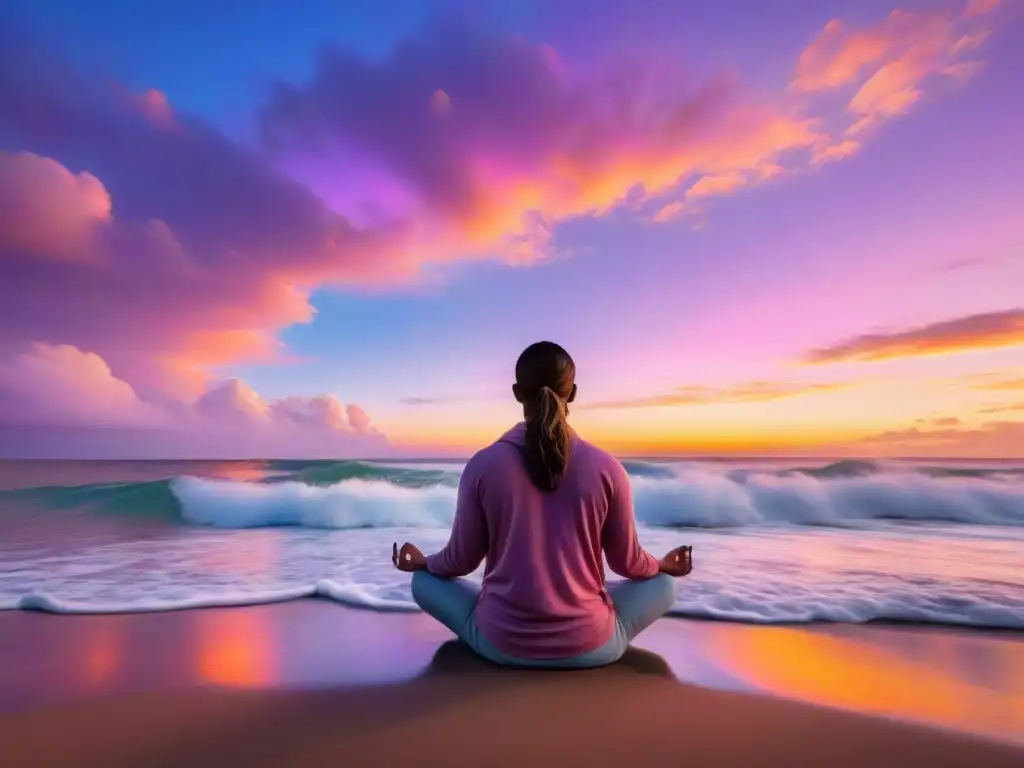 Un momento de meditación guiada para uruguayos en la playa al atardecer, con el mar y palmeras de fondo, transmitiendo paz y serenidad