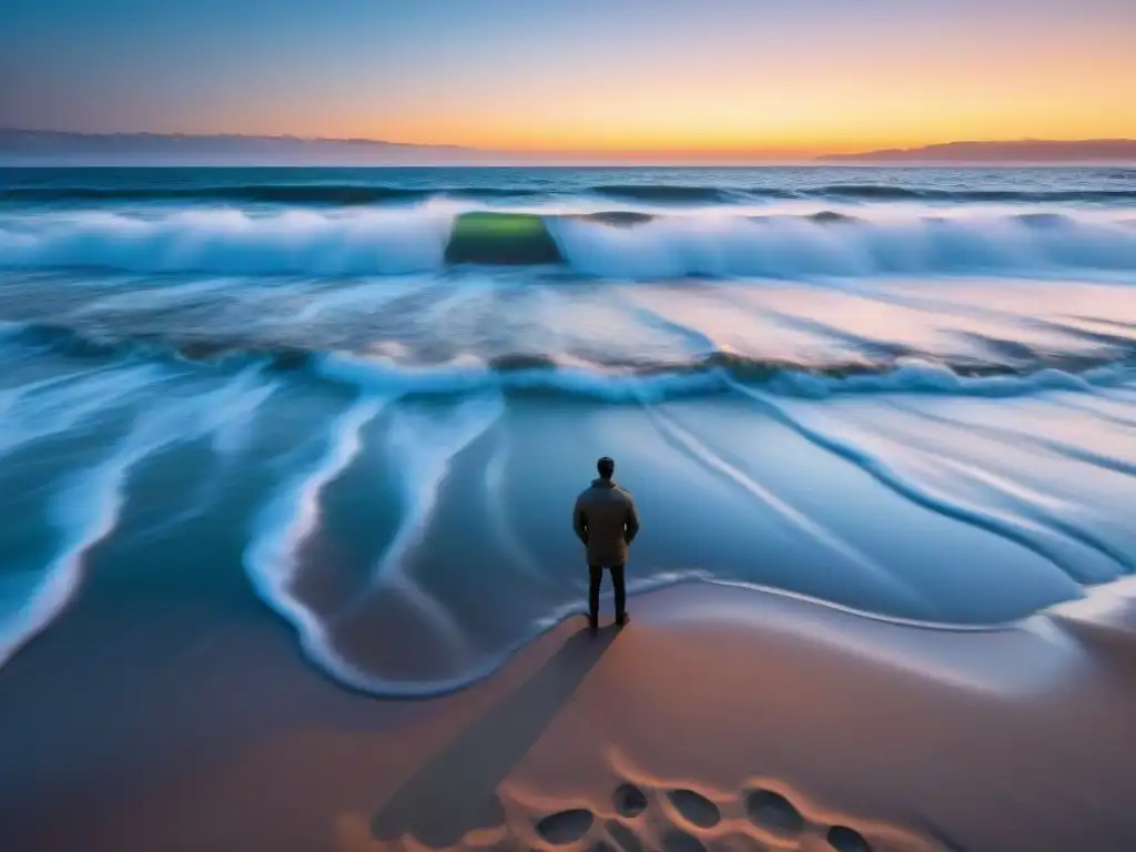 Un momento de paz y reflexión en la costa de Uruguay al atardecer, con olas suaves y un cielo colorido