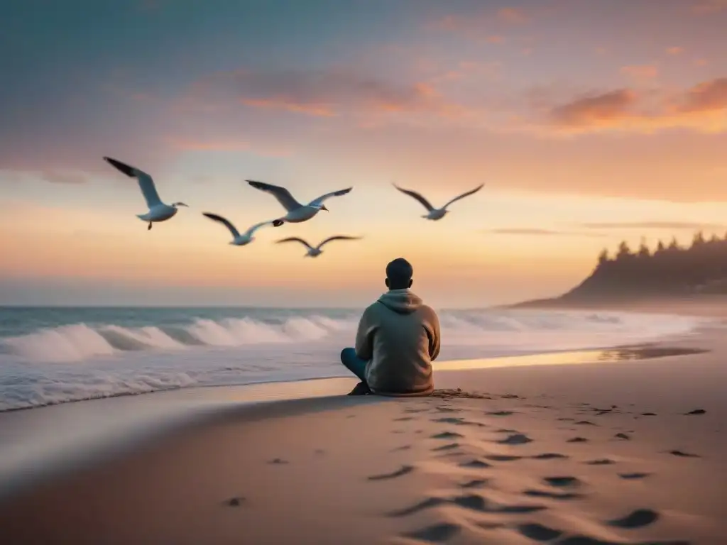 Un momento de paz y reflexión en la playa al atardecer, con el mar de fondo y gaviotas volando