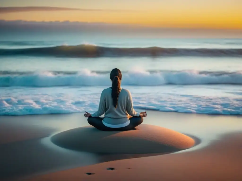 Un momento de paz y serenidad en una playa de Uruguay al atardecer, con reflejos pastel en el mar y una persona practicando yoga