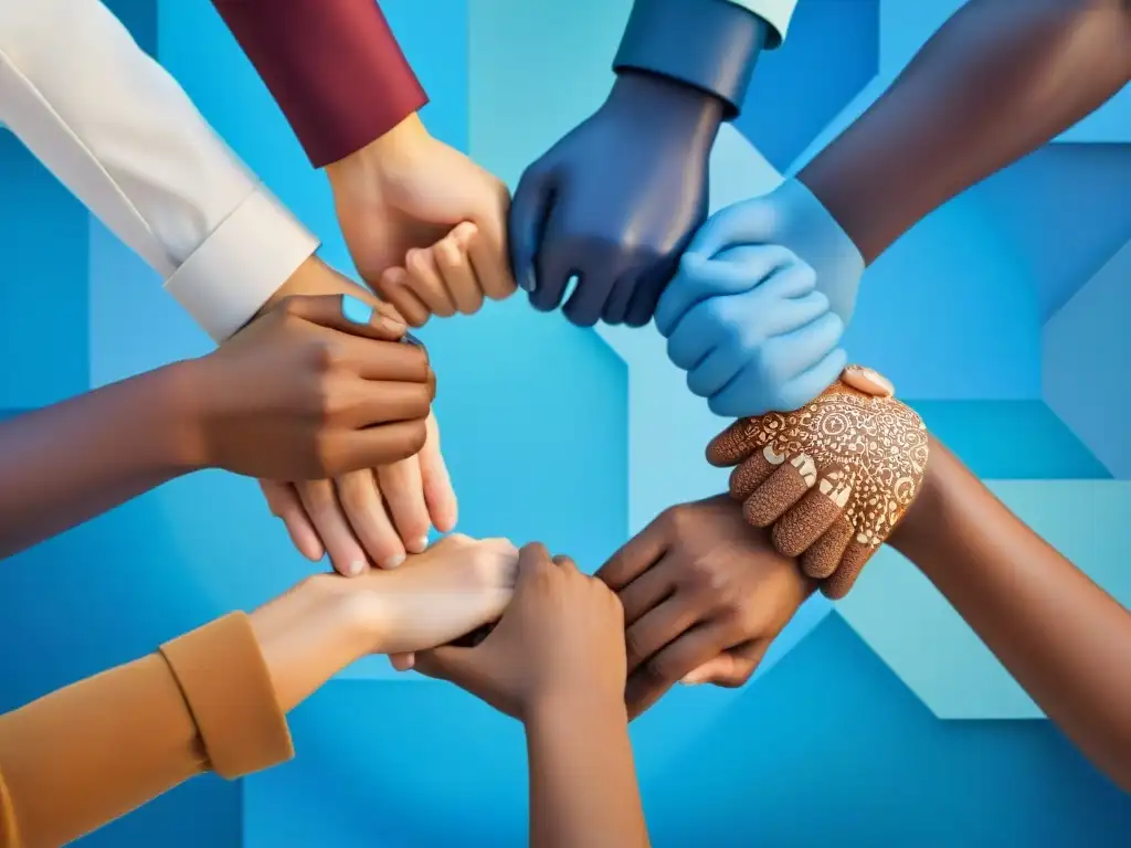 Un mosaico de manos diversas unidas, simbolizando unidad en la salud pública inclusiva en Uruguay