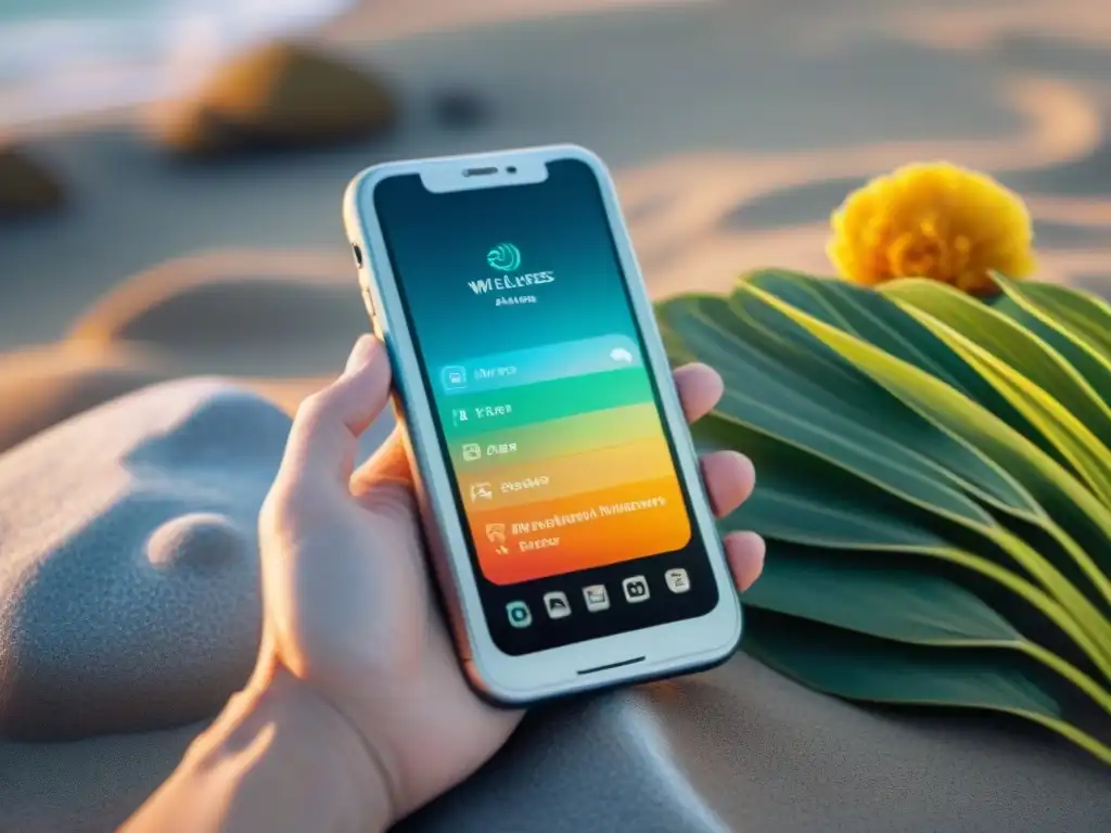 Un móvil moderno muestra apps de bienestar en una playa de Uruguay