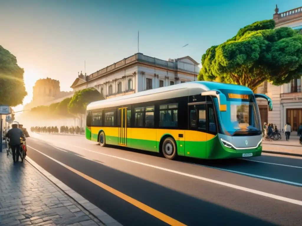 Movilidad sostenible en Uruguay: Calle urbana con buses eléctricos, bicicletas y arquitectura moderna, bañada por la luz del atardecer