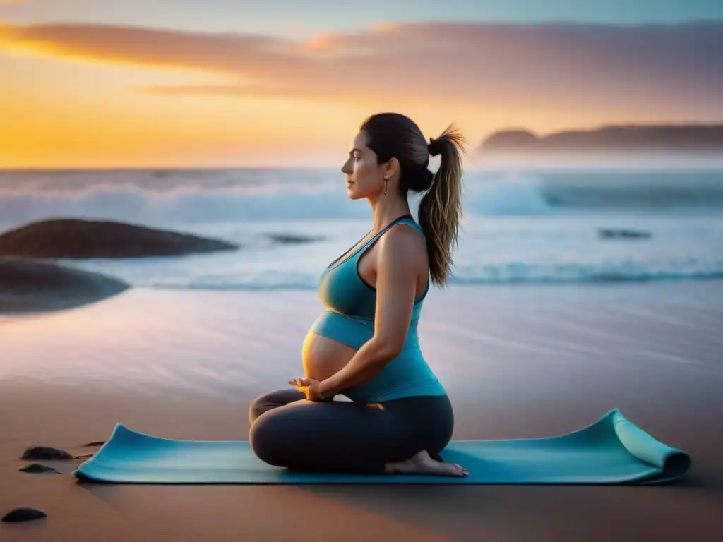 Mujer embarazada practicando yoga prenatal en la playa al atardecer en Uruguay