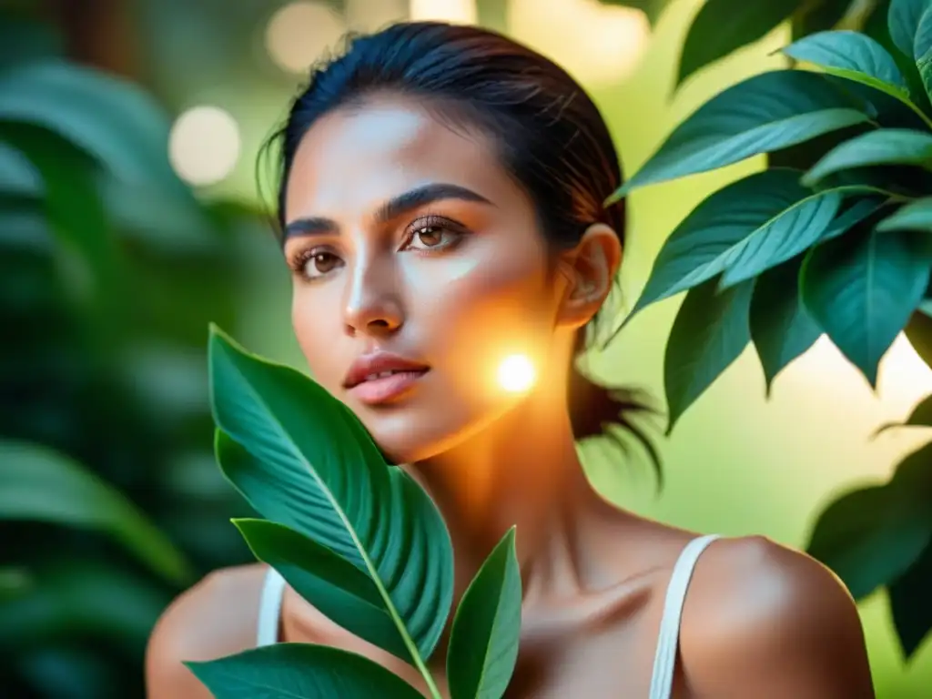 Una mujer aplica exfoliante natural de Uruguay en su piel, rodeada de exuberante vegetación, resaltando su luminosidad