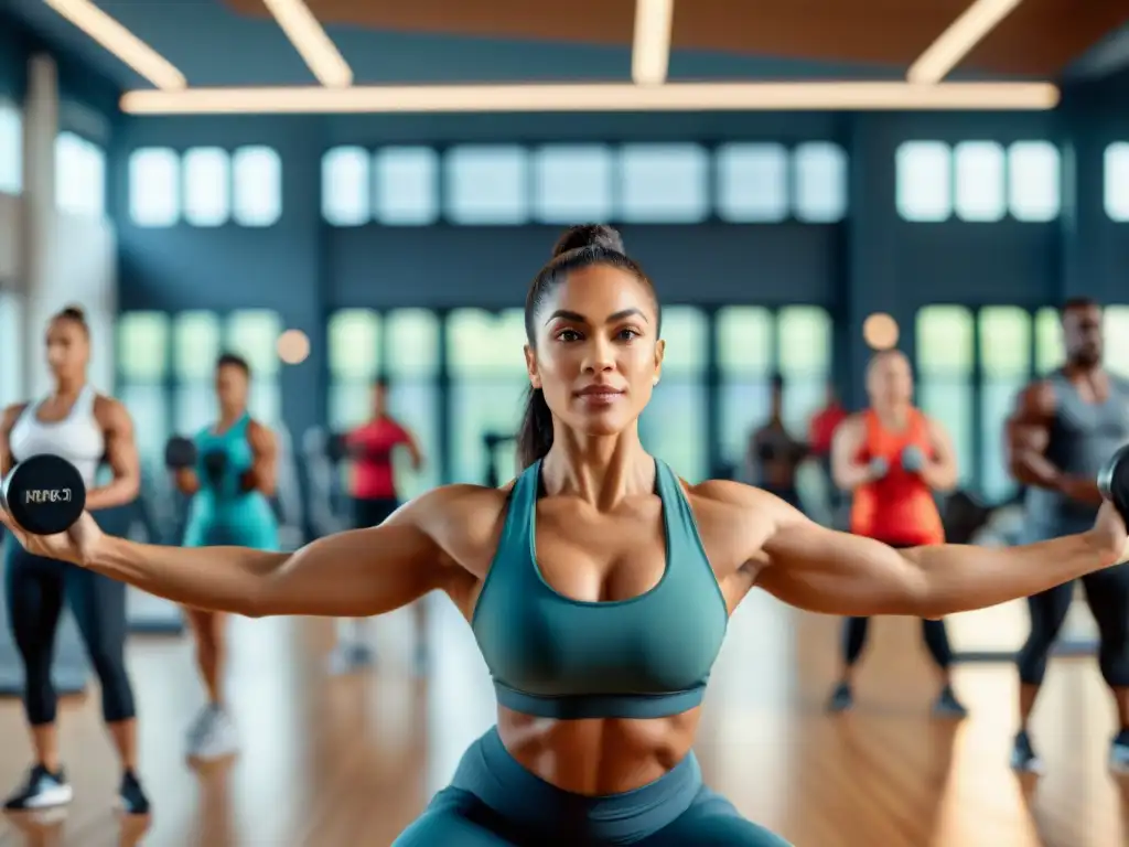 Una mujer hispana levanta pesas en un gimnasio luminoso y moderno, rodeada de personas alentadoras