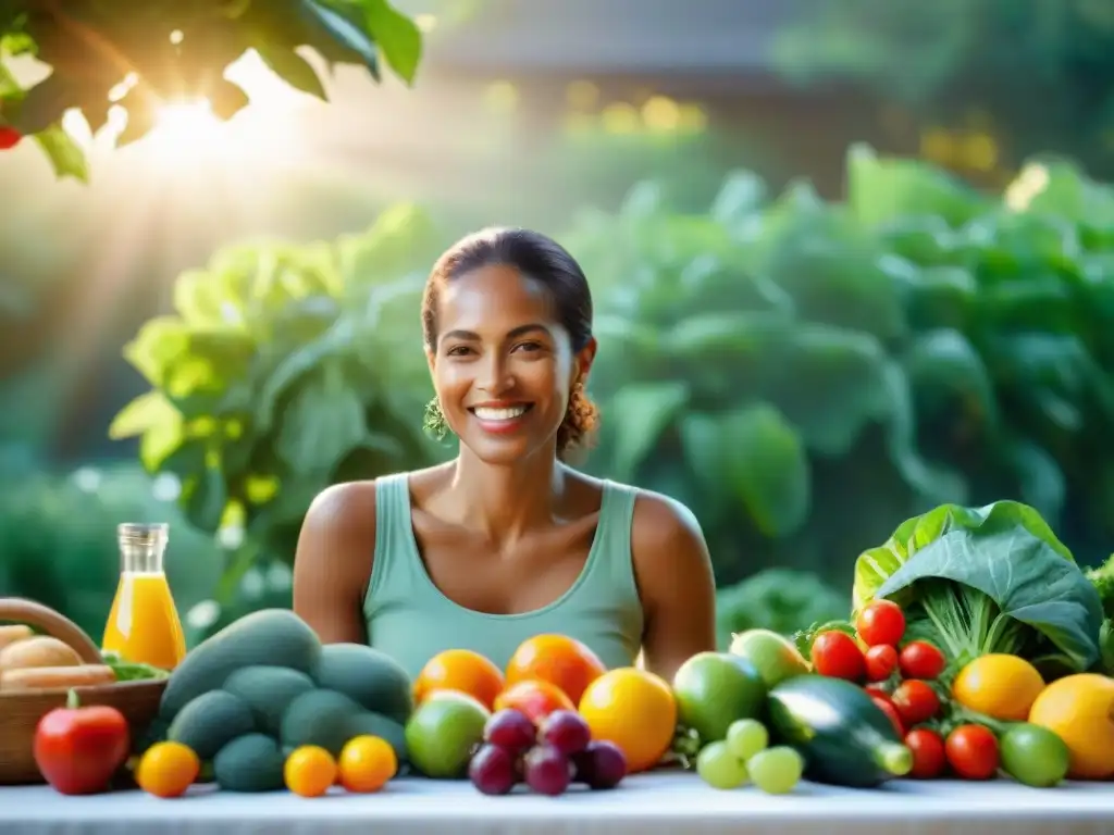 Una mujer mediana, sonriente, disfruta de frutas y verduras frescas en un jardín soleado