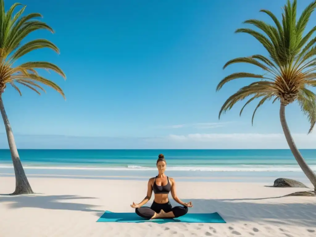 Una mujer practica Pilates en la Costa Uruguay, en una playa serena con aguas turquesas y arena blanca