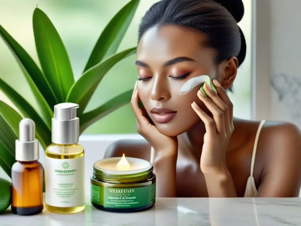 Una mujer aplicando productos de belleza naturales en su rostro, rodeada de vegetación y luz natural