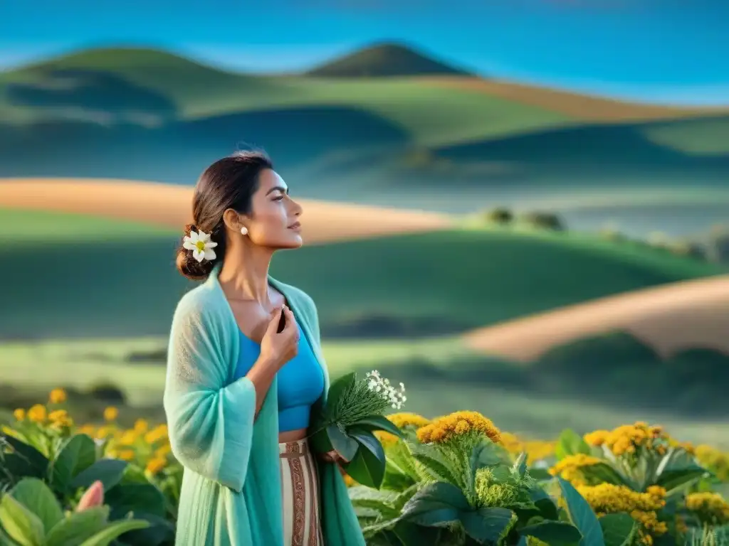 Mujer uruguaya aplica remedio natural en paisaje exuberante