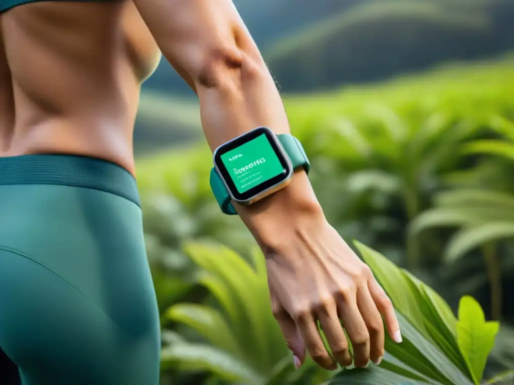 Una mujer luce un smartwatch ecofriendly con datos de fitness, frente a un bosque verde