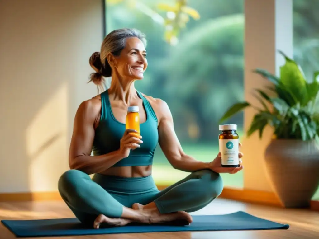 Mujer uruguaya sonriente con suplementos premium para fortalecer huesos en mano, practicando yoga