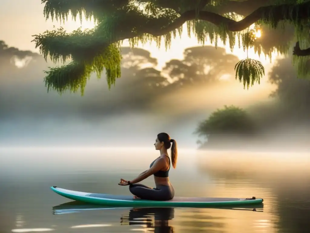 Una mujer practica yoga al amanecer en una tabla en el Río Uruguay, reflejando equilibrio y armonía