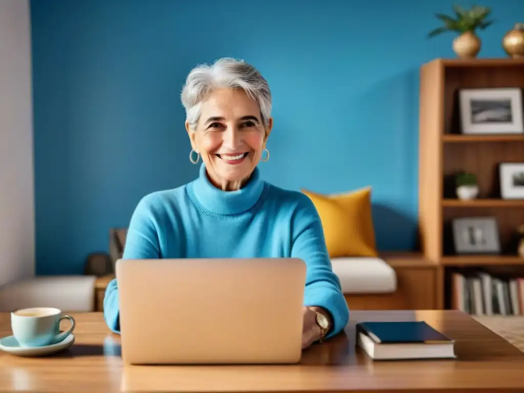 Una mujer uruguaya mayor sonriente interactuando con redes sociales en su laptop, fusionando tradición y modernidad en Uruguay