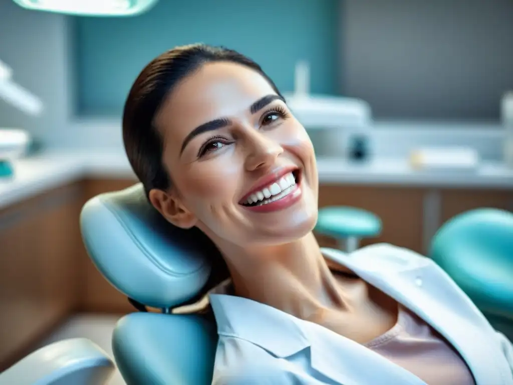 Una mujer uruguaya sonriente en el consultorio dental, recibiendo revisión con luz brillante