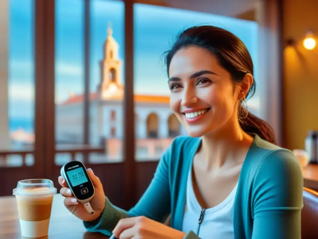 Una mujer uruguaya sonriente usando un moderno monitor de glucosa en un acogedor café en Montevideo, con el Palacio Legislativo de fondo