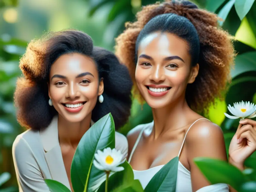 Mujeres aplicando productos naturales en sus rostros, rodeadas de naturaleza