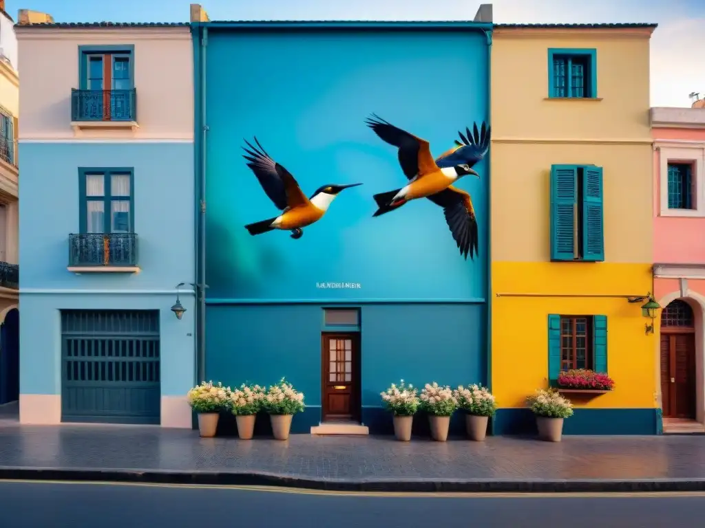 Un mural callejero colorido y vibrante en Montevideo, Uruguay, con una mezcla de personas diversas y expresiones alegres, rodeadas de flores y aves