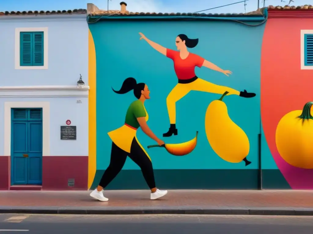 Mural colorido en Montevideo: personas riendo junto a símbolos uruguayos, exudando comunidad y alegría