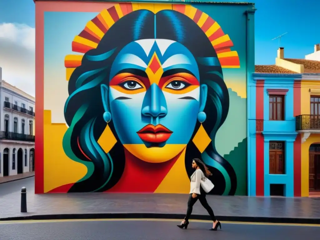 Un mural vibrante en Montevideo, Uruguay, fusionando colores para representar la rica herencia cultural del país