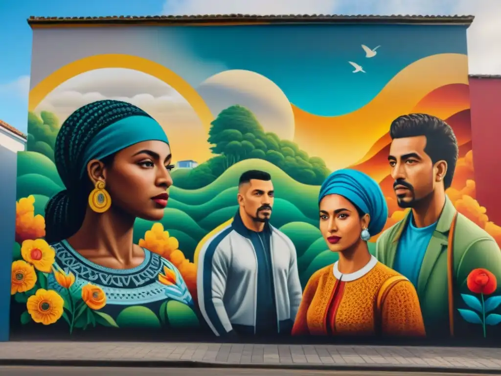 Un mural vibrante en Uruguay con migrantes de diversas culturas, unidos en comunidad, reflejando la integración social a través del arte