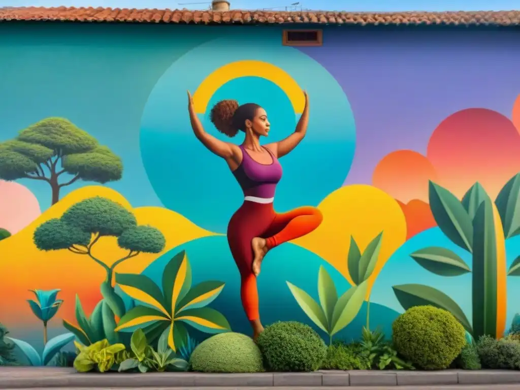 Un mural vibrante y moderno en una comunidad uruguaya promoviendo la salud mental comunitaria con actividades como yoga y terapia grupal