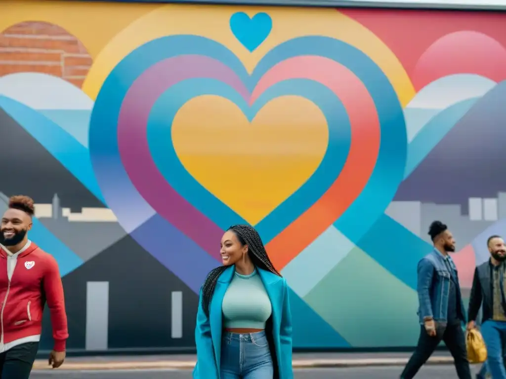 Un mural vibrante de personas diversas creando corazones entrelazados, simbolizando unidad y apoyo comunitario en una ciudad llena de arte callejero