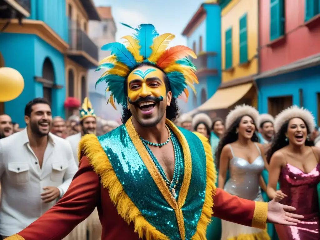 Murgas uruguayas transformación social: Colorida escena de Carnaval con murgueros cantando y bailando en un mar de espectadores alegres