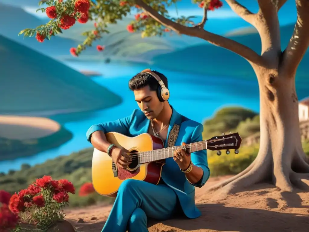 Un músico uruguayo bajo un árbol Ceibo, tocando guitarra en paisaje campestre