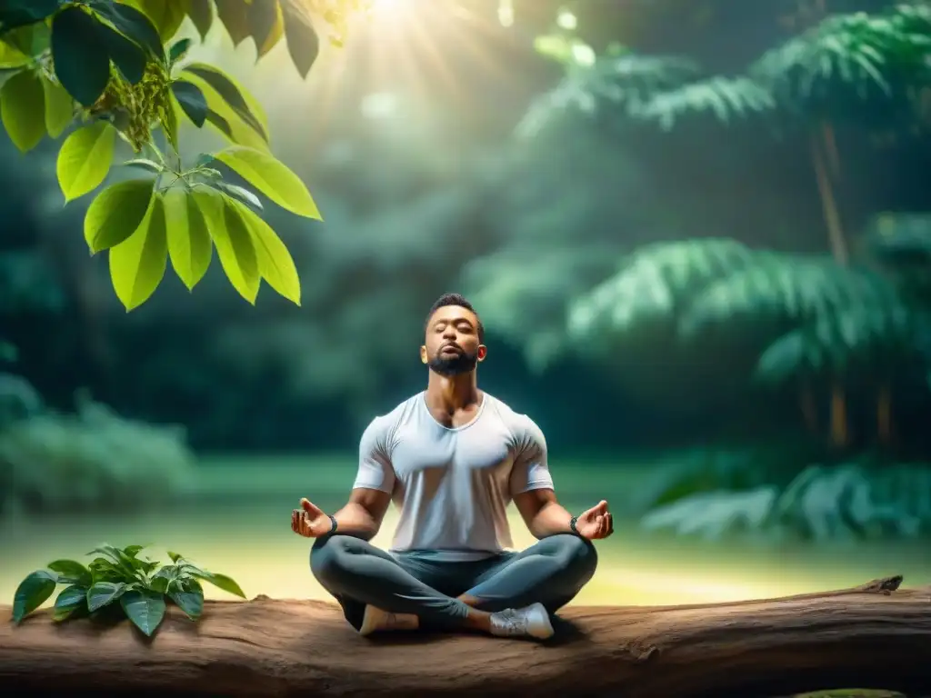 Meditación en la naturaleza: persona en paz, rodeada de vegetación, con luz suave filtrándose entre las hojas