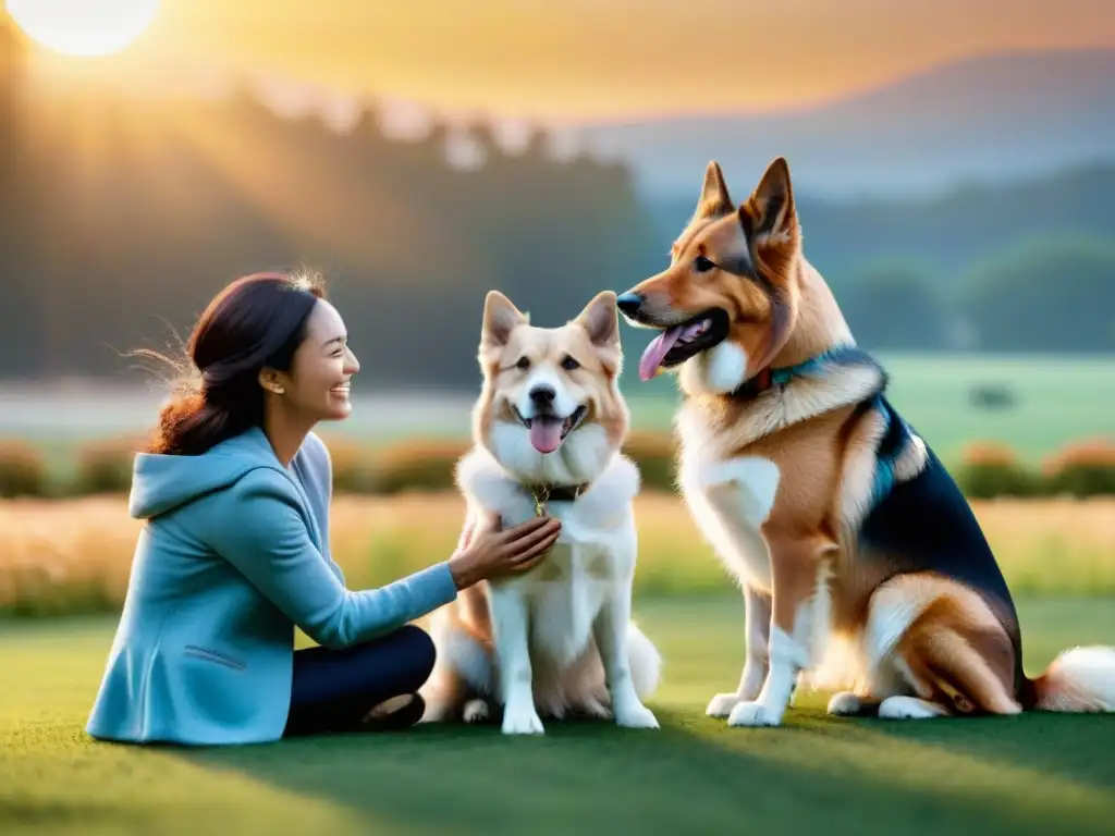 Una niña con necesidades especiales sonríe rodeada de perros de terapia en un campo de césped al atardecer, mostrando la conexión y apoyo entre ellos