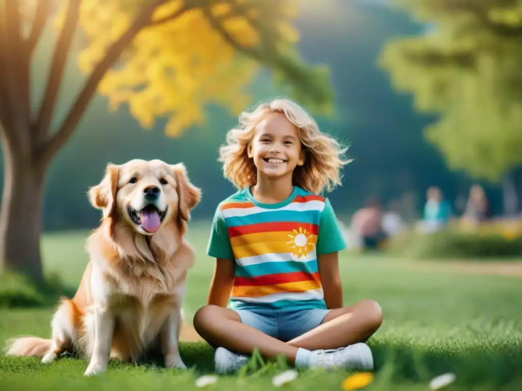 Un niño sonriente con un perro dorado en un parque soleado