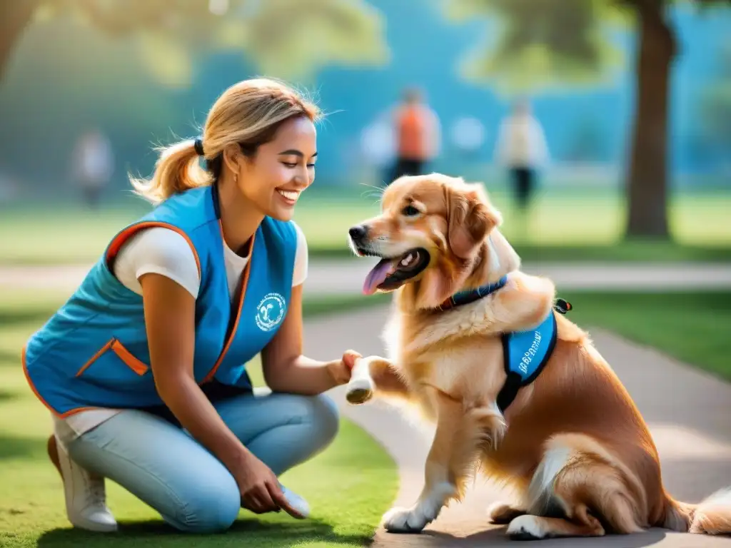 Niño sonriente acariciando perro de terapia en parque soleado de Uruguay, creando conexión y alegría