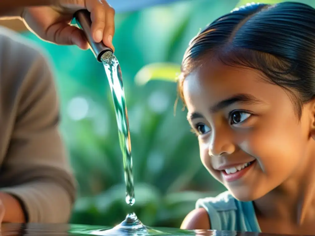 Un niño uruguayo llena con gratitud un vaso de agua cristalina de grifo moderno