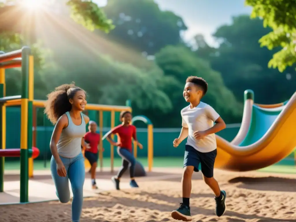 Niños y adolescentes felices y diversos jugando juntos en un parque inclusivo y vibrante