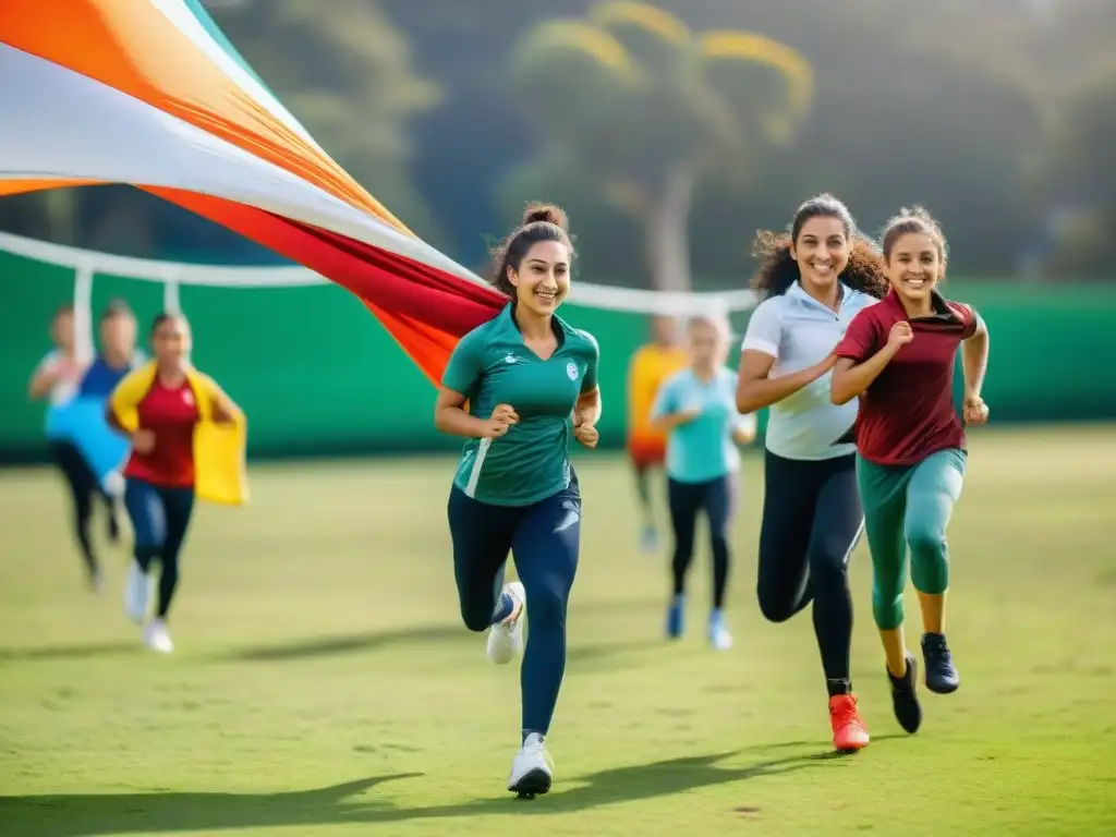 Niños y adolescentes uruguayos sonrientes participando en actividades de educación física innovadora al aire libre en Uruguay