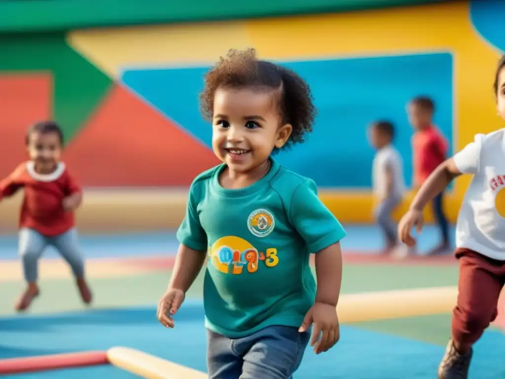 Niños de diversas edades jugando alegremente en un parque comunitario vibrante en Uruguay, promoviendo el Desarrollo infantil comunitario en Uruguay