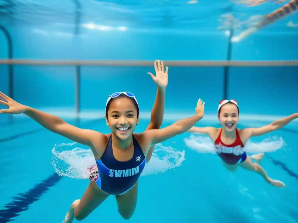 Niños escolares de Uruguay disfrutan de beneficios natación en piscina, demostrando gracia y precisión en rutina sincronizada