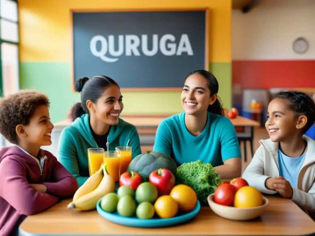 Niños escolares en Uruguay disfrutan de una comida balanceada en la cafetería, mostrando los beneficios de la nutrición integral en Uruguay